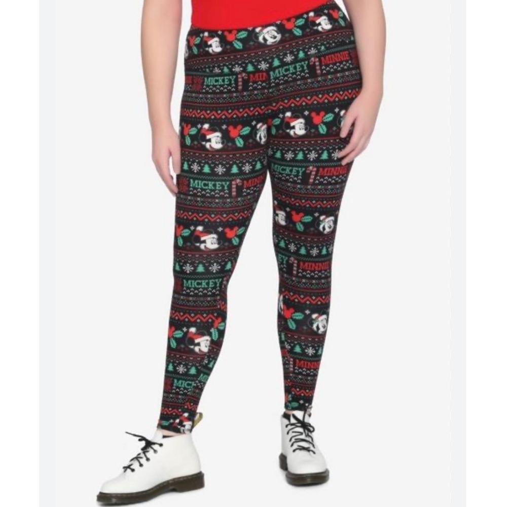 Disney Her Universe Mickey Minnie Holiday Fair Isle Leggings Black Red Green 3X
